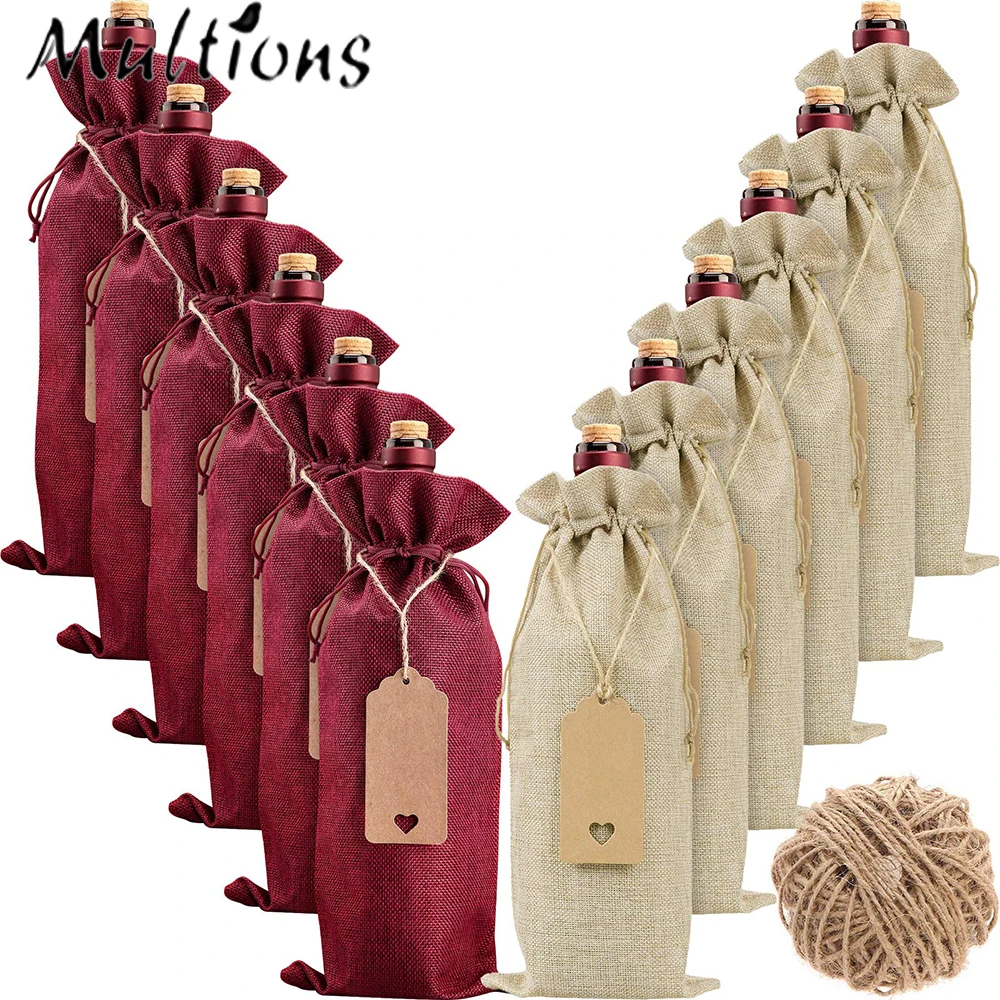 

12Pcs Burlap Wine Bags Reusable Wine Bottle Packaging Bags Wine Bottle Bags With Drawstrings Tags&Ropes For Wedding Party