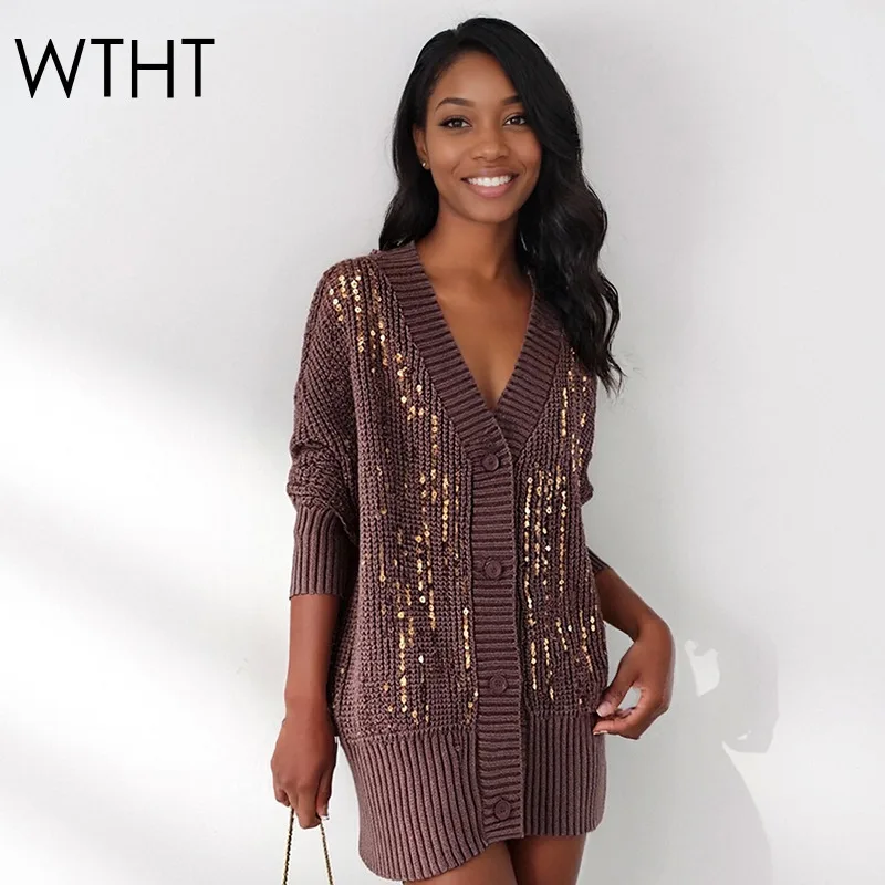 

WTHT fashion women's spliced sequins design loose knit cardigan 2025 autumn trendy v-neck long sleeves sweater female