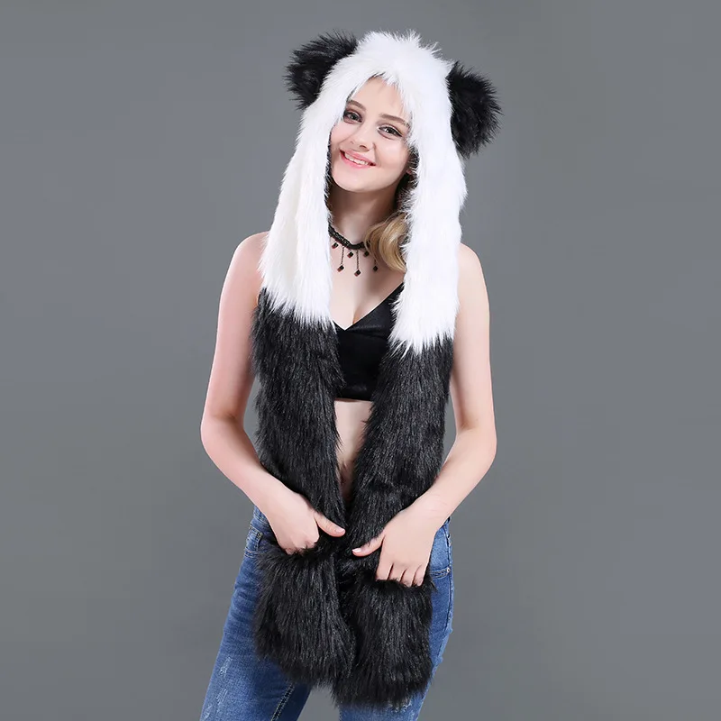 

Fur Animal Hat with Ears Scarf Paws Gloves Thick Winter Warm Plush Cap Panda Anime Cosplay Costume Women Festival Rave Outfits