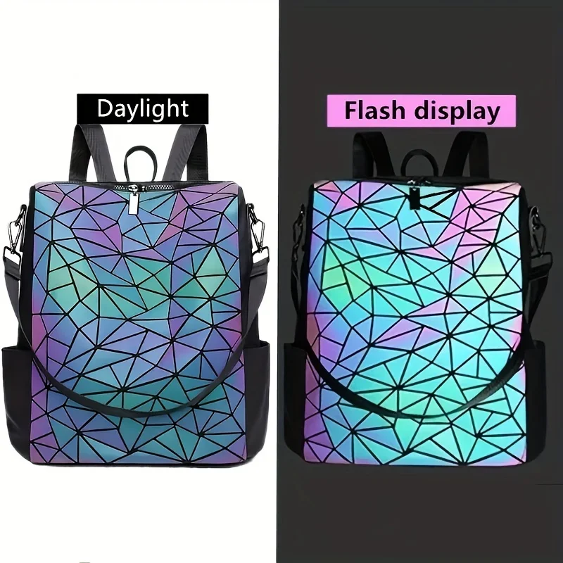 Fashion Women\'s luminous Backpack PVC holographic geometric School Bags For Teenage Girls mochila feminina travel Bagpack