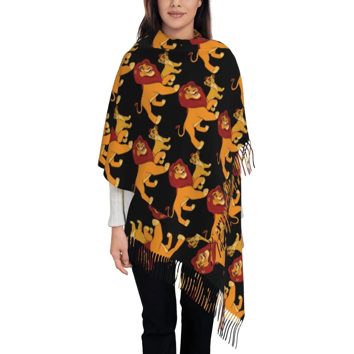 

Custom The Lion King Cartoon Tassel Scarf Women Soft Shawls Wraps Female Winter Fall Scarves