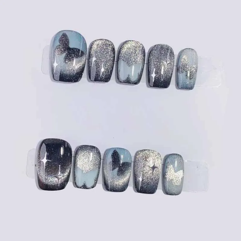 Women 10Pcs/1 Set Fireworks Handmade Cat Eye High-end Press on Nails Short Style Finished Product Ins Nail Stickers Nail Art