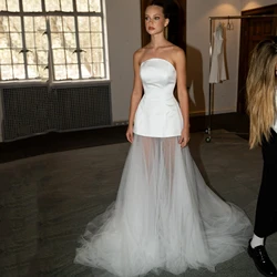 Toofgon 간단한 새틴 Tulle 신부 웨딩 드레스 Strapless 법원 기차 신부 가운 Boho 웨딩 드레스 robe de mariée Customized