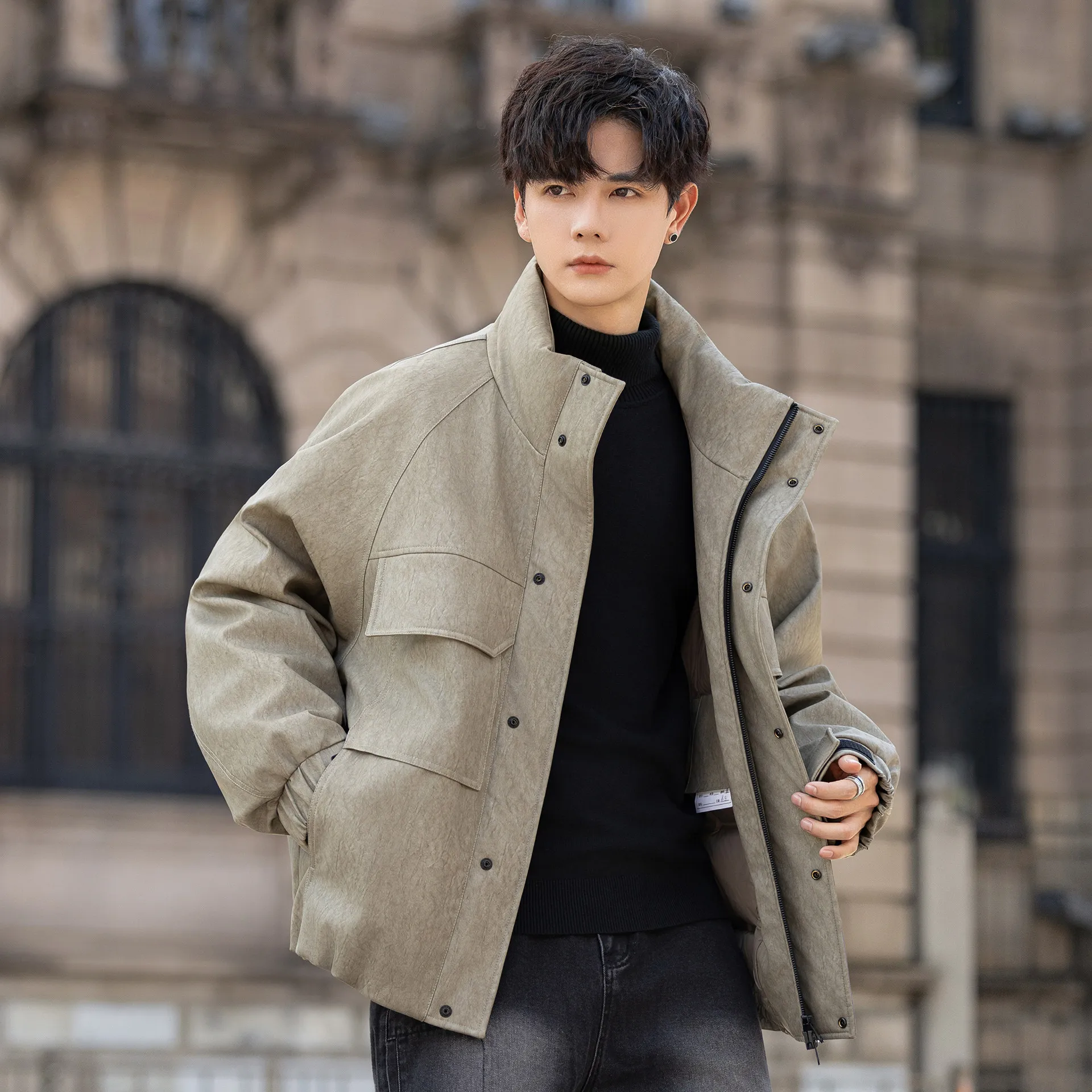 

Men's PU Leather down Jaet Thiened Winter Coat Stand Collar Workwear ort Parka Casual Sle Zipper Closure Warmth