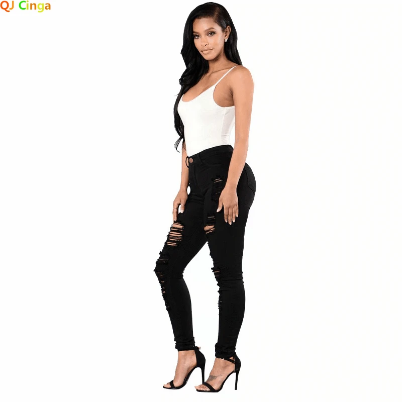 

Black Jeans with Holes In The Knee Women's Slim Trousers Fashion Girls Denim Pants Red Green