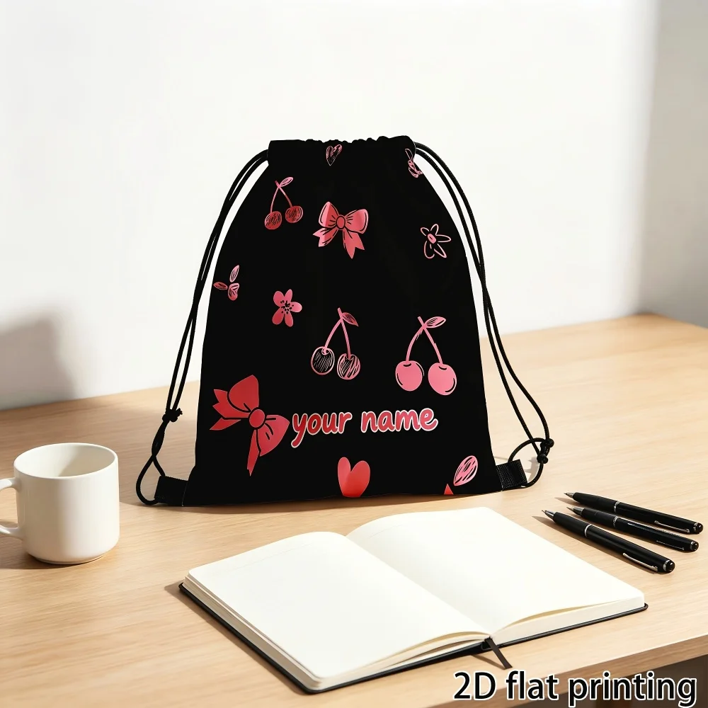 1Pc Custom Name/Text Drawstring Backpack, Cherry Bow Heart Floral Print,Lightweight Sport Bags, Gym Storage Bag,Outdoor Rucksack