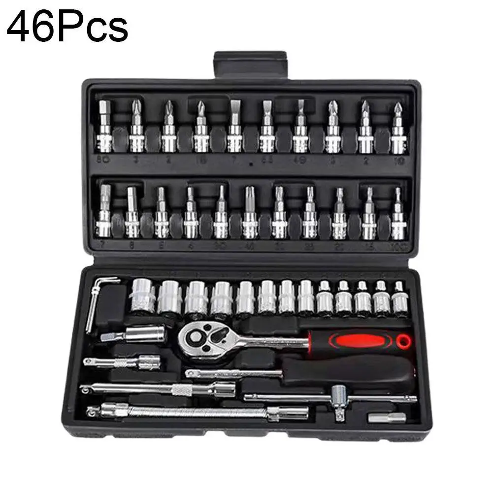 46pcs Car Repair Tool Kit 1/4-Inch Socket Set Car Repair Tool Ratchet Torque Wrench Combo Auto Repairing Set Mechanic Tool