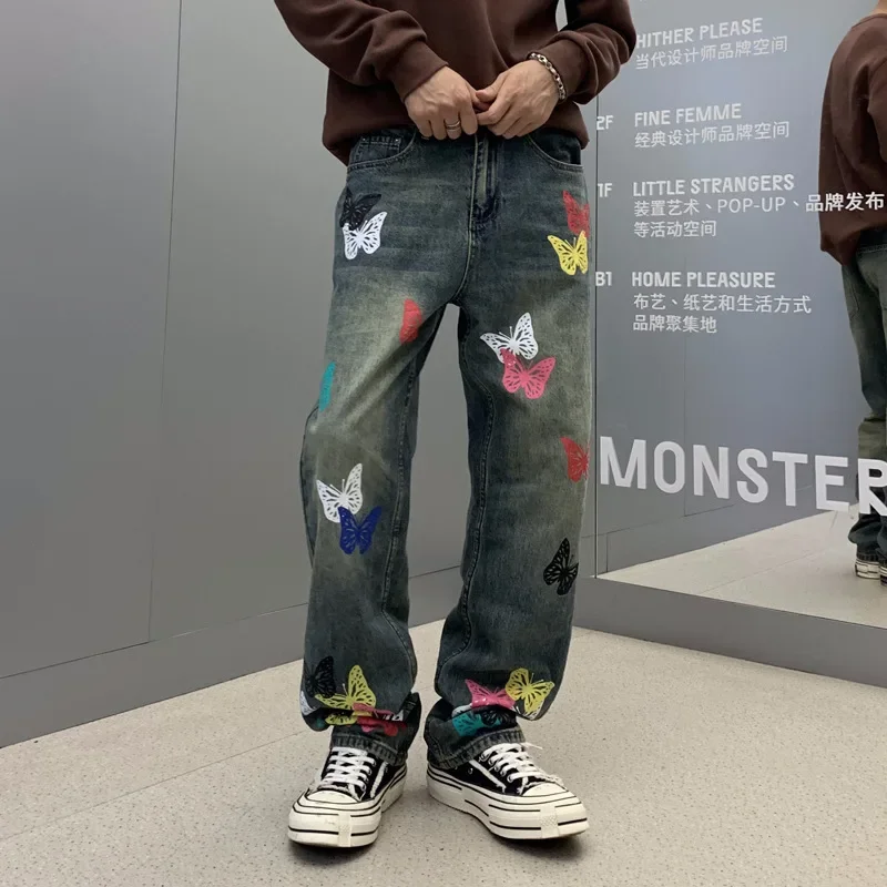 Butterfly Print Jeans Men Streetwear Fashion Vibe Loose Casual Hiphop Straight Washed Denim Pant Jeans Cityboy Teen Trousers