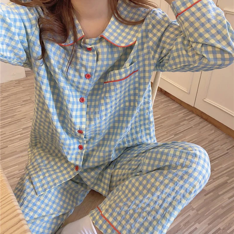 Long-Sleeved Pajamas Women\'s Spring Autumn Summer Casual Thin Korean Ins-Style Student Plaid Doll Collar Loungewear Birthdaygift