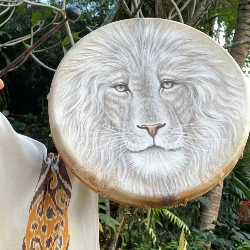 25cm Handmade Shaman Drum Siberian Shaman Lion Totem With Drum Stick Deep Bass Divine Sound Music Instrument Home Ornament