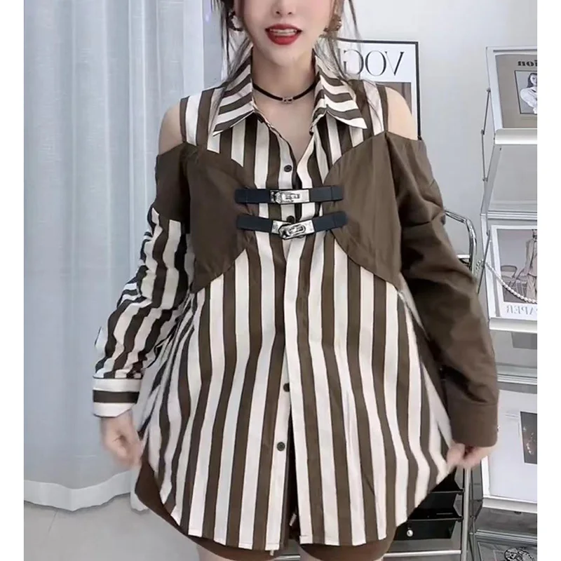 Stylish Lapel Button Spliced Off Shoulder Striped Shirt Female Clothing 2023 Autumn New Loose Casual Tops Fake Two Pieces Blouse