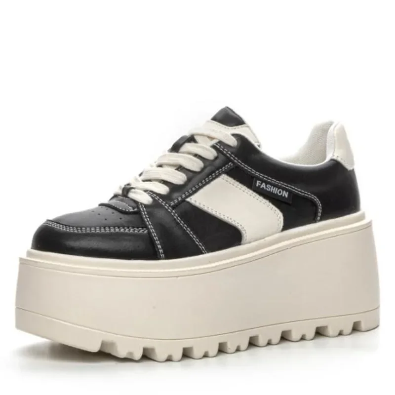 

8cm Genuine Leather Ladies Fashion Women Autumn Shoes Casual Spring Skate Boarding Chunky Sneakers Platform Wedge Shoes