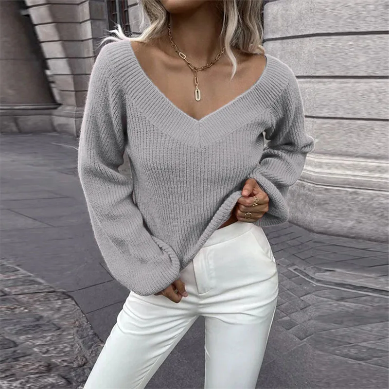 2023 European and American long sleeve pullover sweater women\'s autumn and winter new solid color versatile V-neck loose knitted