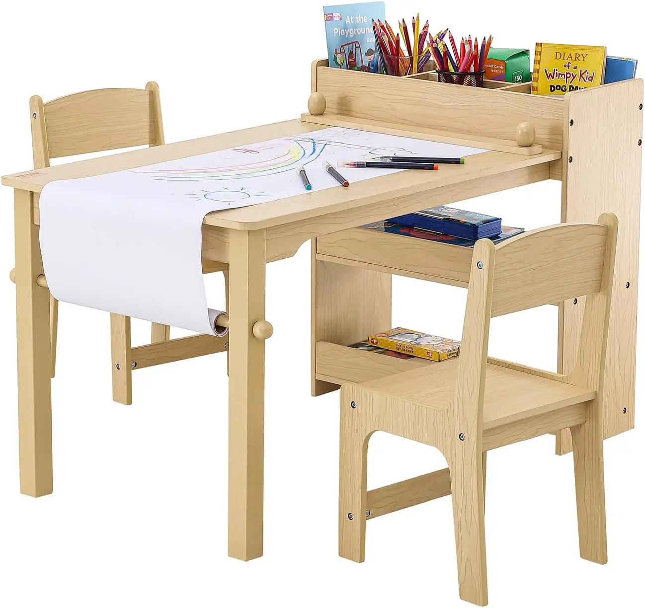 Kunsttafel en stoelenset voor kinderen, kinderknutseltafel met opbergruimte, speeltafel voor peuters met 2 stoelen, houten tekentafel