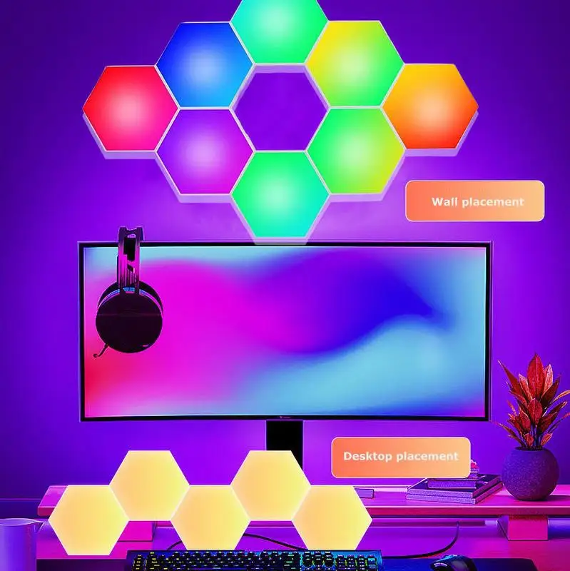 Lámpara de pared Hexagonal inteligente RGB, lámpara táctil que cambia de Color, luz nocturna ambiental para dormitorio y sala de estar