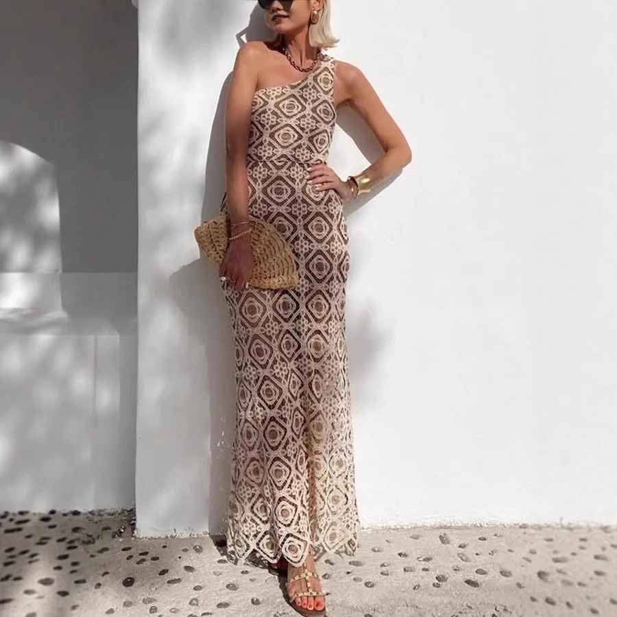 

Knitted Slant Collar Long Dresses Women Off Shoulder Slim Sleeveless Hollow Out Knitwear Dress Fashion Summer Vacation Vestidos