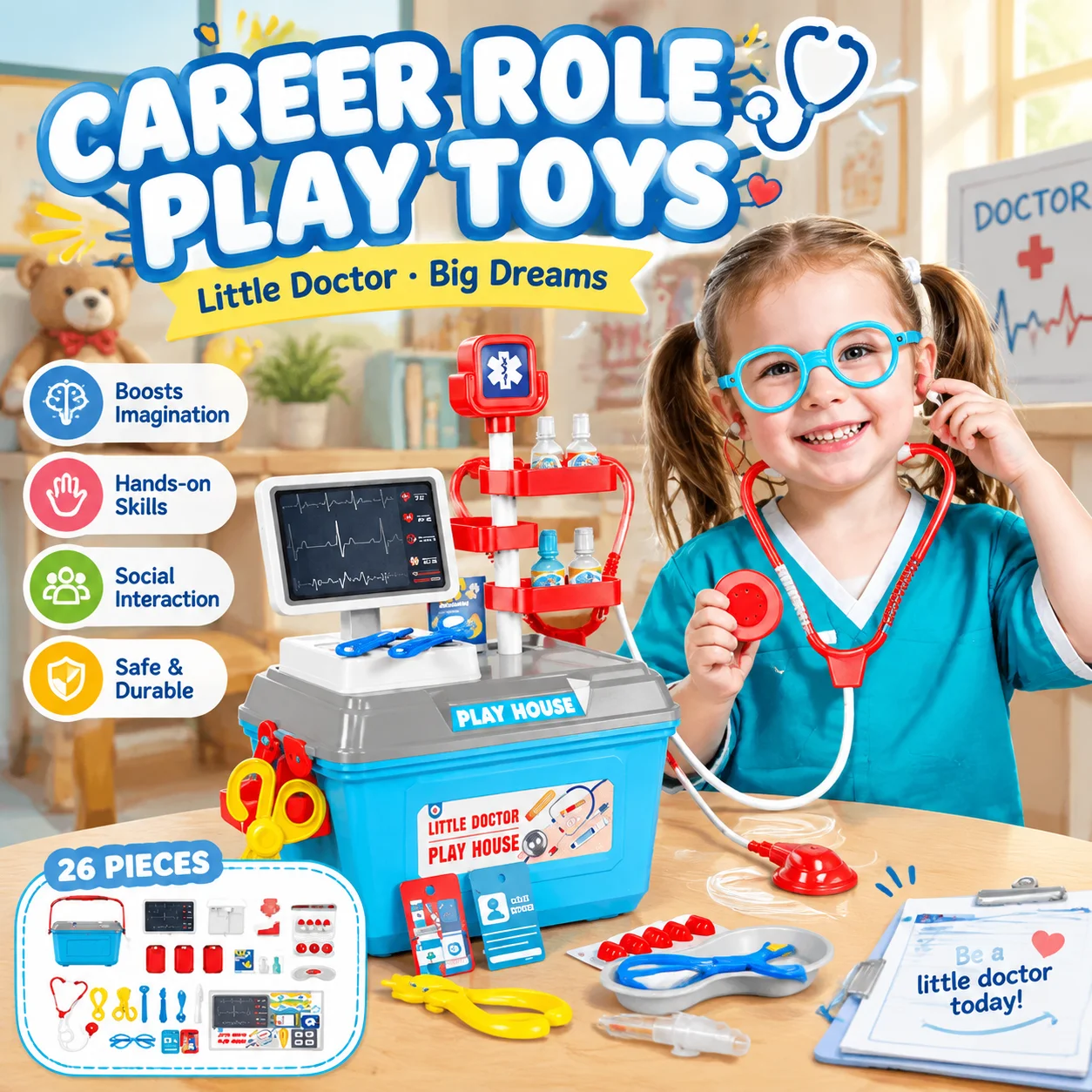 Kids Pretend Play Toy Set Simulation Doctor Kit Hamburger Ice Cream Dessert Career Role Play Toys Interactive Educational Toy