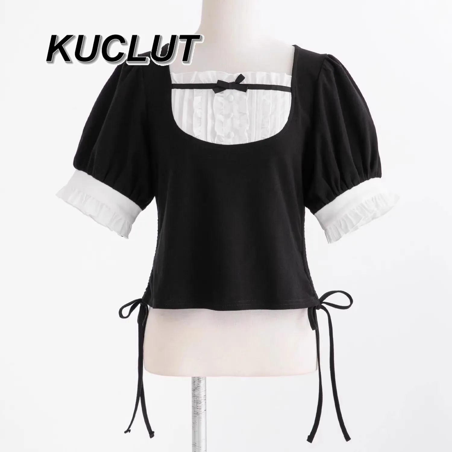 Sweet and Cute Short Sleeve T-Shirt Solid Color Splicing Square Neck Short Top Drawstring Skinny Casual Tees for Women Summer