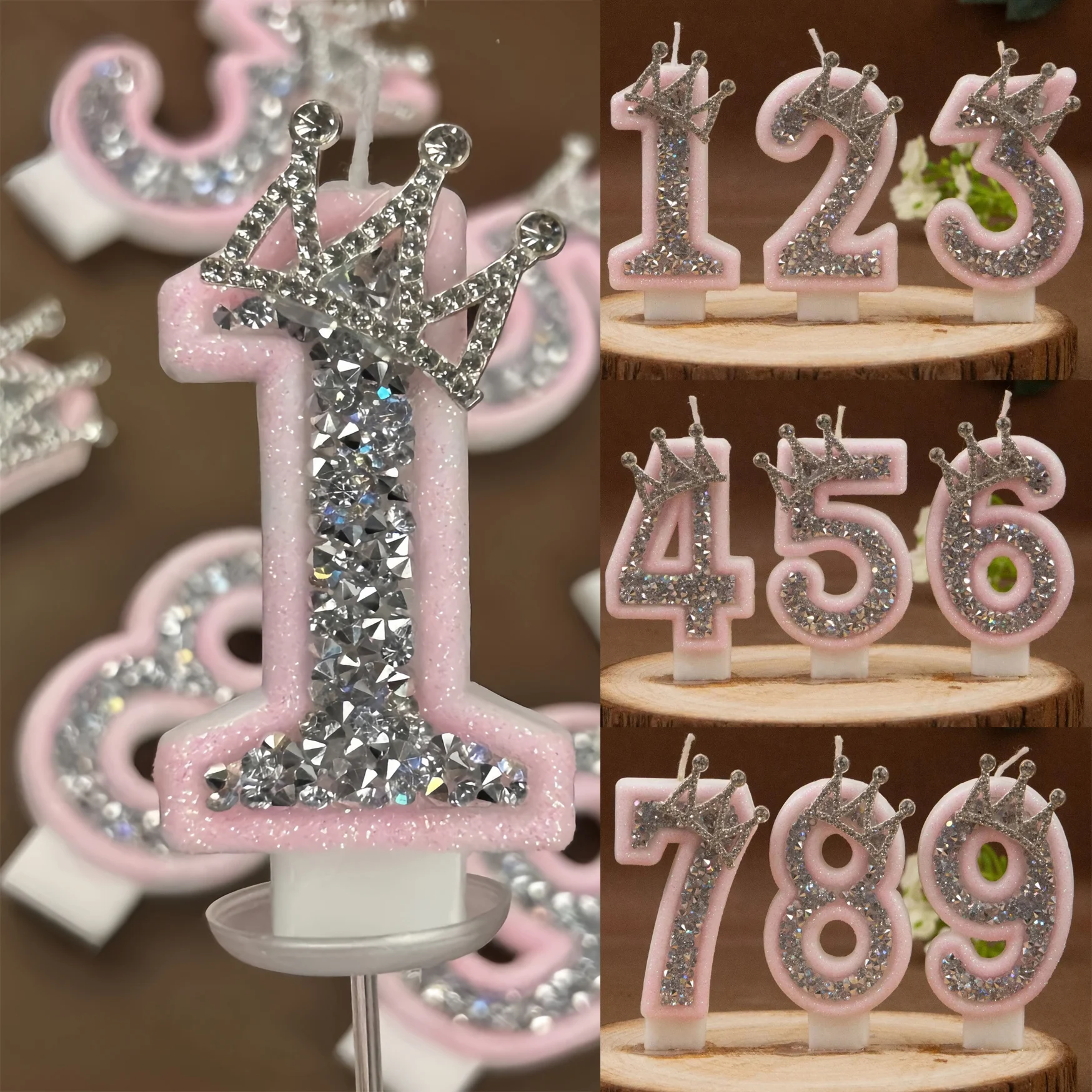 Bougies numériques 0-9 roses avec couronne en strass argenté, bougies décoratives créatives pour gâteau d'anniversaire
