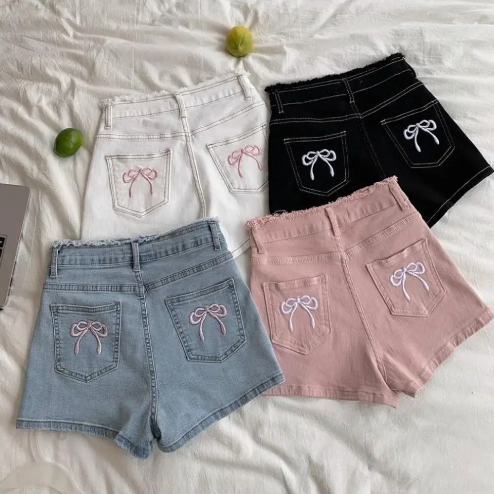 New All Match Summer Shorts High Waist Solid Color Denim Shorts Butterfly Embroidery Craft Sweet Style Hot Pants Women Girl