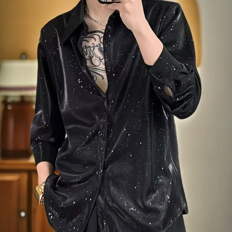 Shiny Star Sequin Men Shirt Streetwear Trend Sexy Turn-down Collar Loose Long Sleeve Man Shirts Club Bar Party Fashion Tops