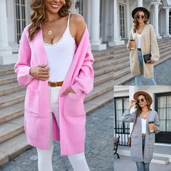 Knitted Cardigan Women Vintage Long Sleeve Pink Pocket 2025 Spring Autumn Jumper Outerwear Sweaters Y2k Sweater Coat Jacket