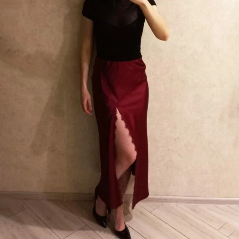 Ticketsx moda cetim renda divisão saias sexy sólido vintage retalhos cintura alta maxi saia elegante novas mulheres festa clube saias