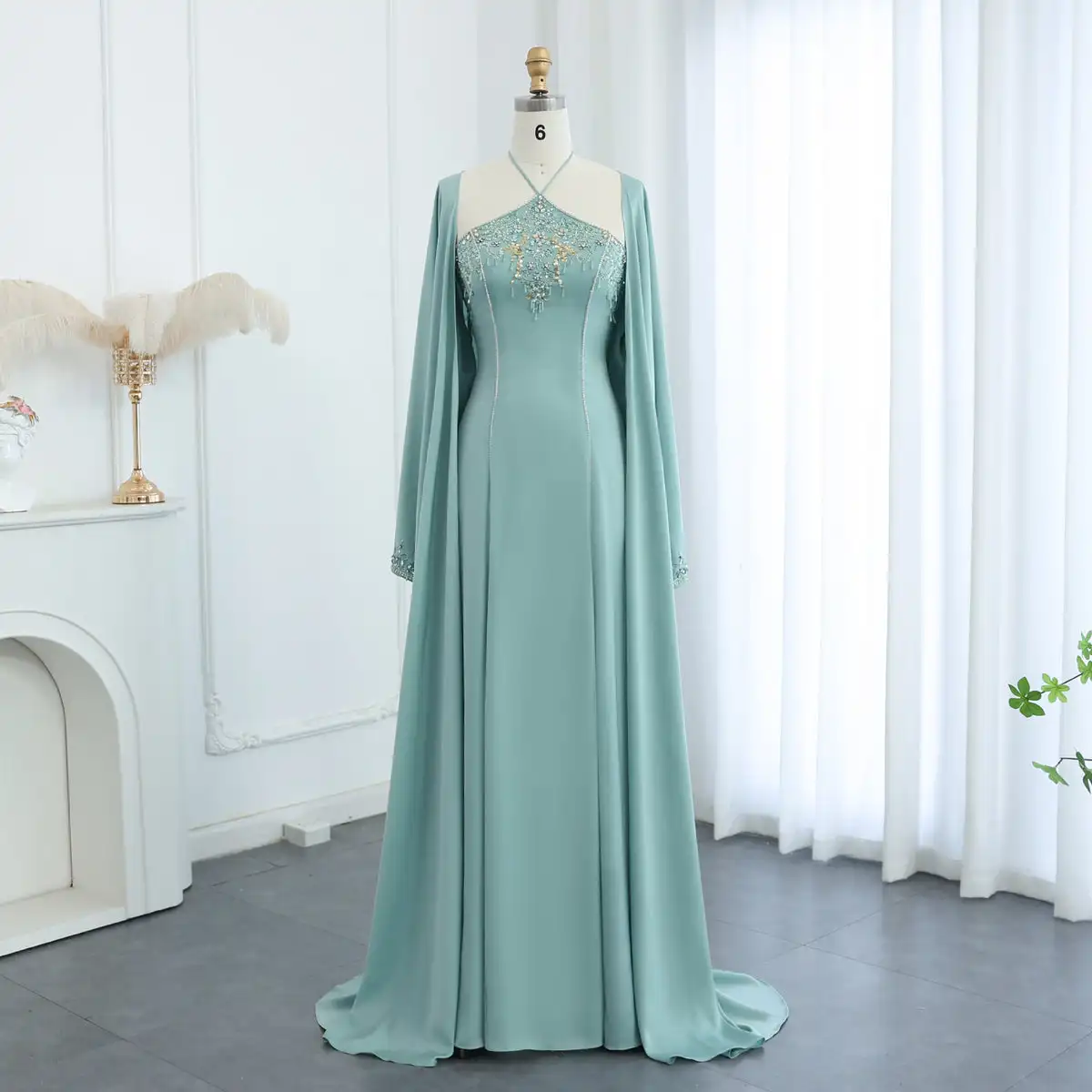 

Jancember Saudi Arabic Sage Green Halter Evening Dresses with Cape Luxury Dubai Women Wedding Party Gowns LSZ301