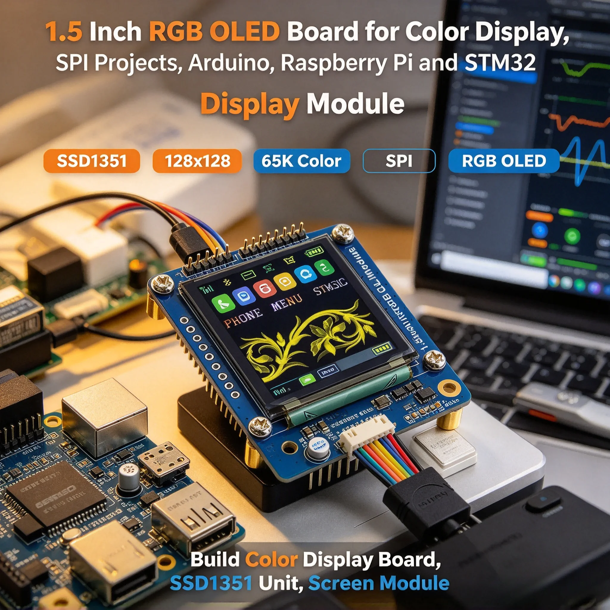 5Pcs 1.5 Inch RGB OLED Display Module SSD1351 128x128 65K Color SPI for Arduino Raspberry Pi STM32