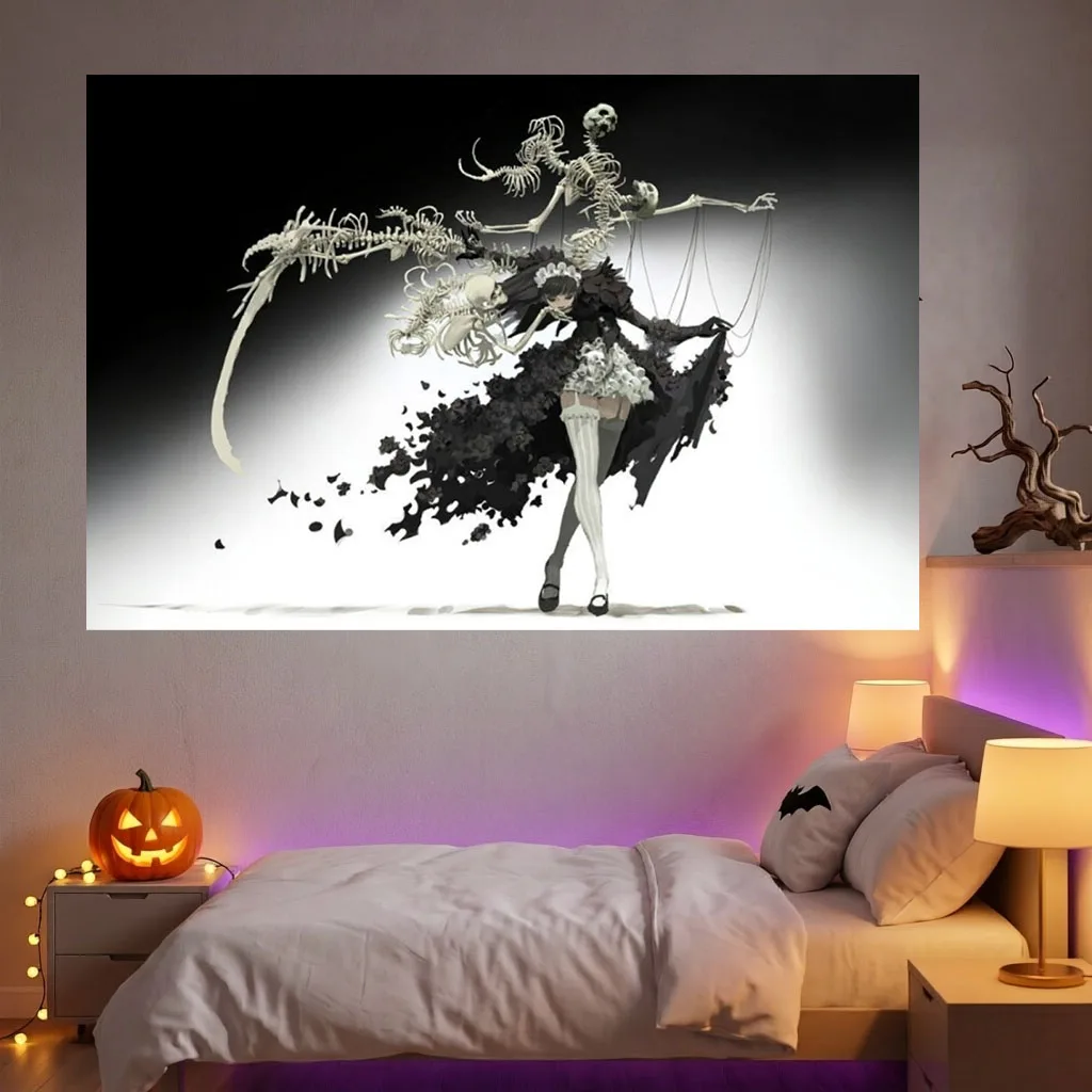 Gothic Skeleton Puppet Anime Girl Tapestry Dark Black Rose Bone Art Wall Hanging Horror Macabre Aesthetic Bedroom Dorm Backgroun