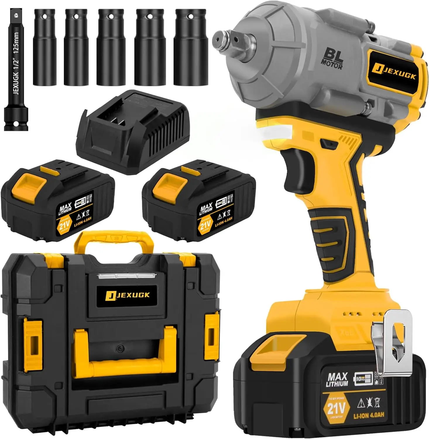 1000N.m(740ft-lb) Cordless Impact Wrench,1/2 Inch High Torque Brushless 21V Impact Gun w/ 2x4.0Ah Battery&Fast Charger 5 Sockets