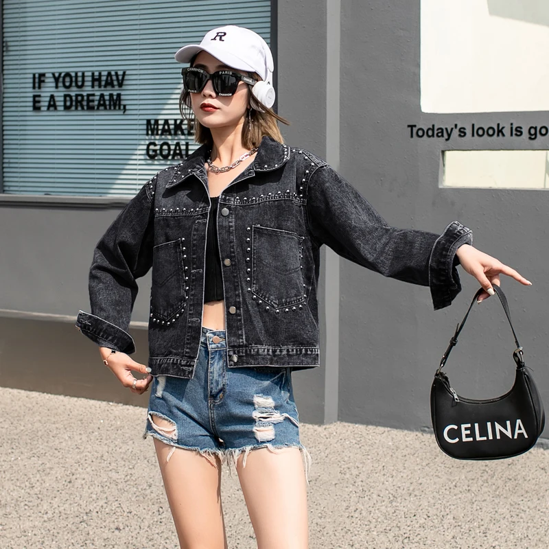 Heavy Embellied Denim Jaet Women's Spring Autumn Loose ort Sle Korean Version Small ence Design Sense