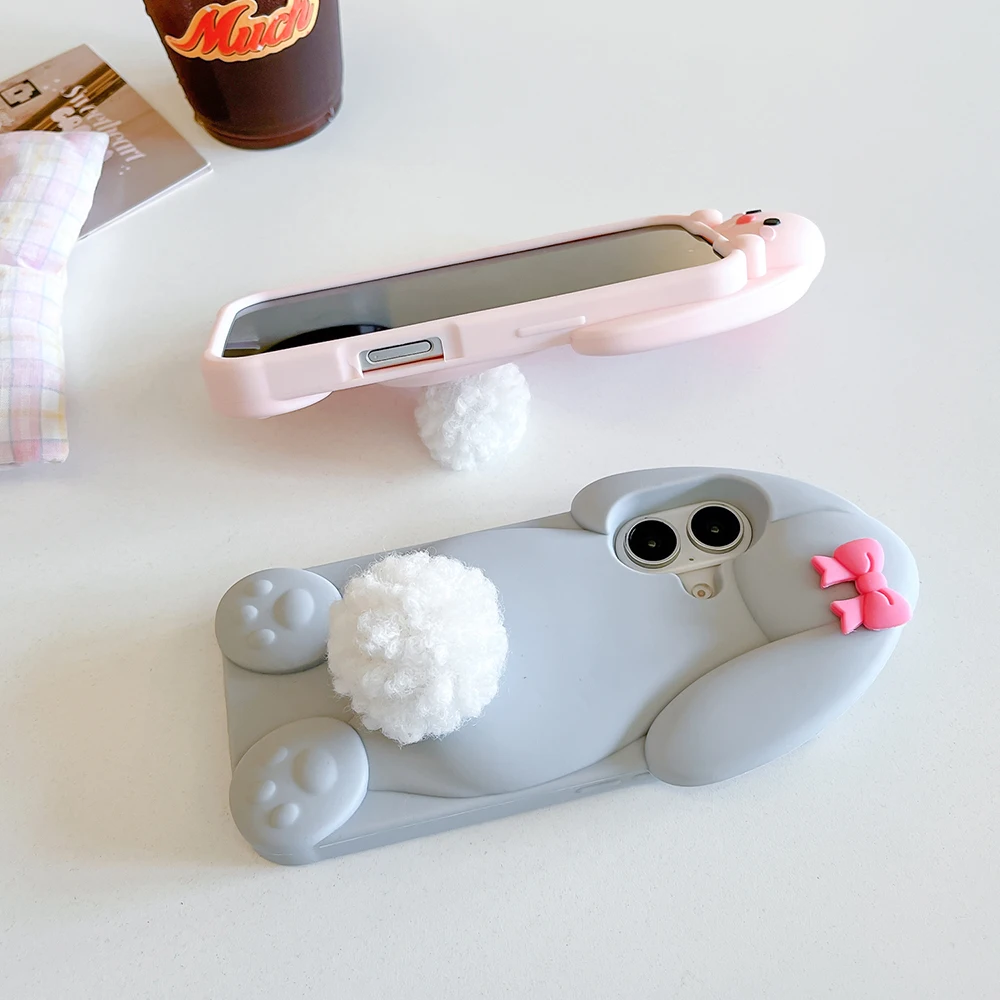 Kawaii 3D Cartoon Benny Rabbit Hülle für iPhone 16 15 14 13 12 Pro Max Weiche Silikonhülle mit Haarballenschwanzhalter – Detail 3