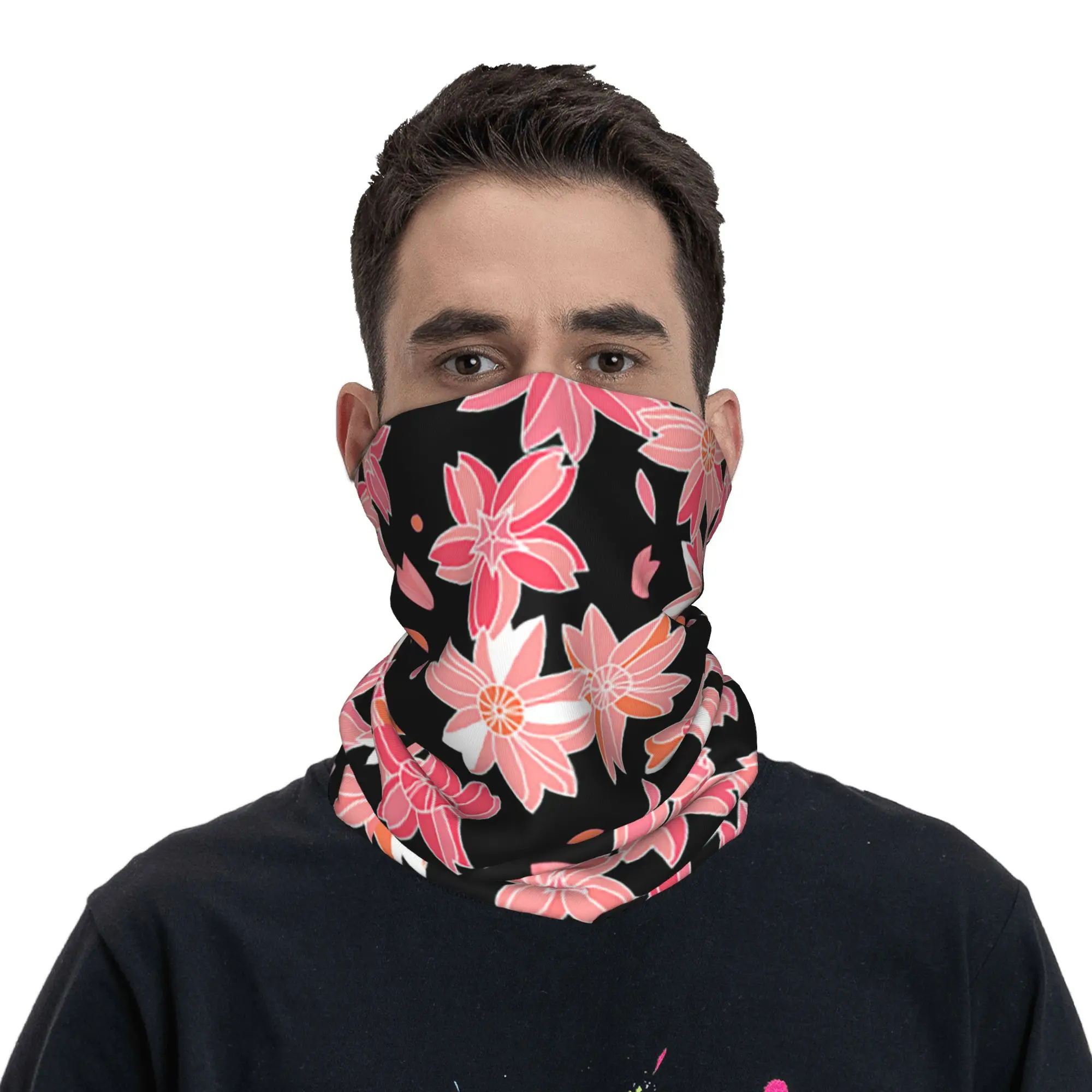 Pink Asian sakura flowers on navy blue Bandana Neck Gaiter Printed Wrap Mask Scarf Warm Headwear Outdoor Sports Unisex Adult