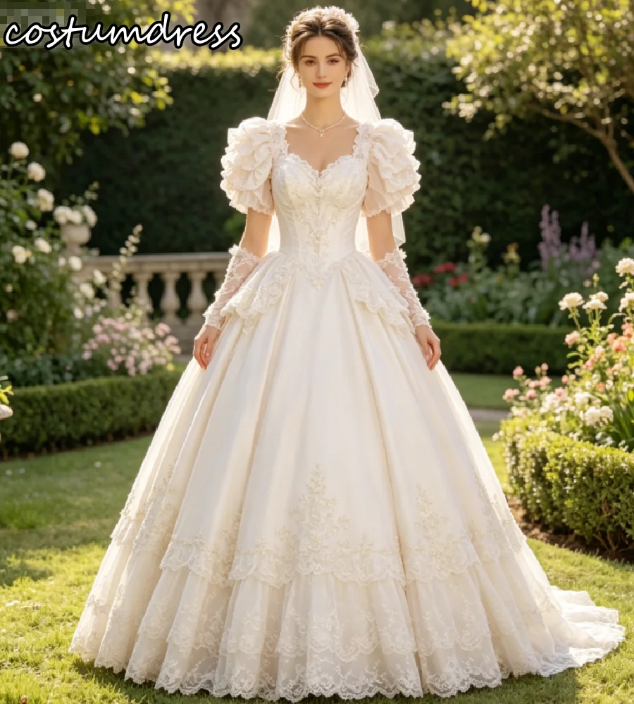 Princess 1980s Victorian Wedding Dress Ruffles Sleeves Sweetheart Corset Lace Appliques Tiered Bridal Gowns Medieval Celtic