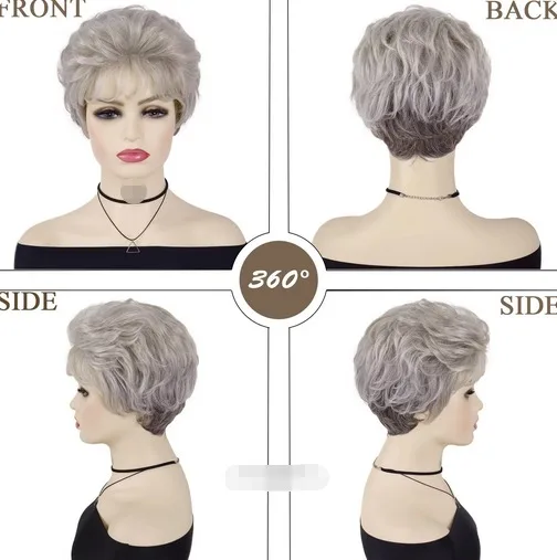 Perruque Synthétique Courte avec Frange pour Femme, Postiche Layered Curly Mommy, Cheveux Doux, Costume de Vieille Dame, Gris Ombré, Taille Moyenne