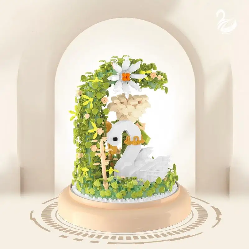 Swan Diorama Building Blocks, Transparent Protective Cover, DIY Assembly, Table Ornament, Ideal Gift For Model Fans.