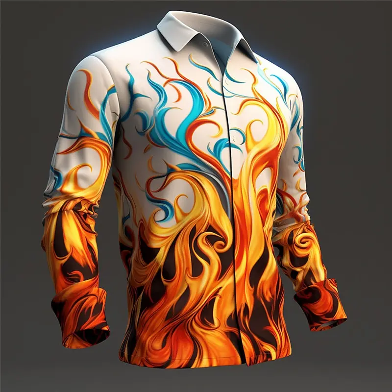 Fashion Flame Print Men\'s Shirts Casual Single-Breasted Blouses Long Sleeve Shirt Streetwear Lapel Tops Trend Tops Men Clothing