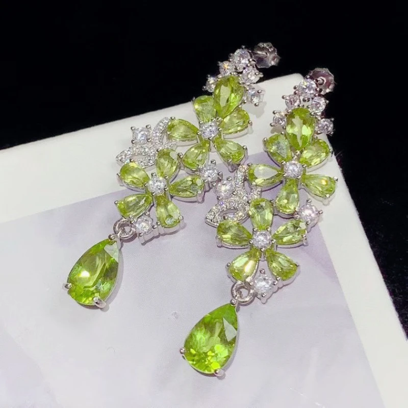 

Роскошные серьги-подвески из серебра 925 пробы с натуральным перидотом для свадьбы, с сертификатом, гипоаллергенные, позолоченные украшения