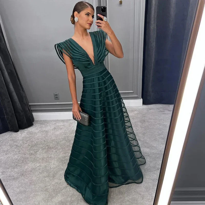 Prom Dresses Women V Neck Cap Sleeves A-Line Pleat Ruched Saudi Arabic Evening Gown Formal Party Dress Special Occasion Dress