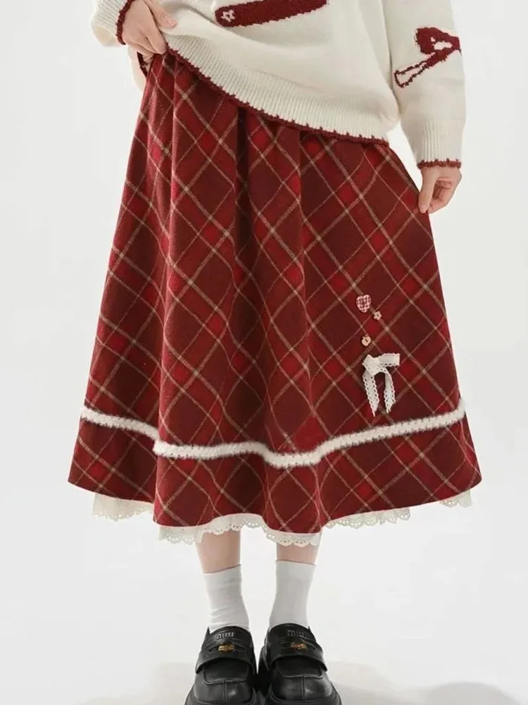 Sweet Red Plaid Long Skirt Women Vintage Faux Woolen Bow Cute Skirts Lace Patchwork High Waist Korean Elegant Warm Long Skirts