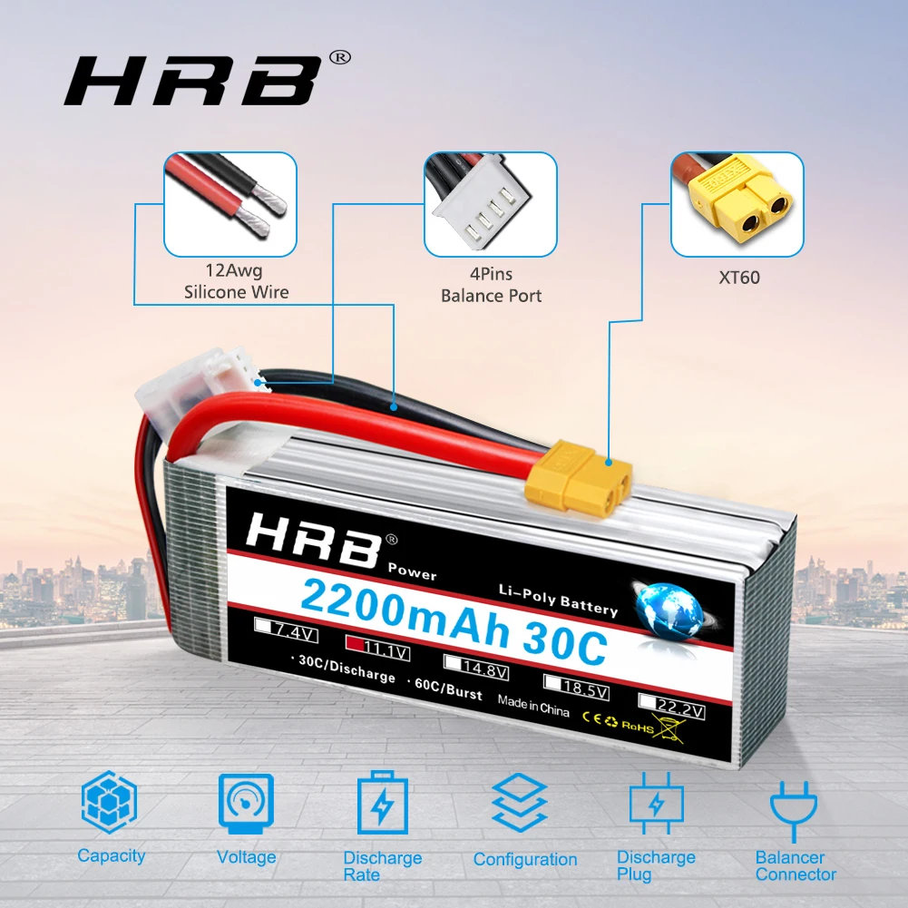 1/2 قطعة HRB 3S يبو بطارية 11.1 فولت 2200 مللي أمبير RC بطارية 30C مع موصل XT60 ل RC 1/16 1/12 سيارة شاحنة الطائرة بدون طيار 105*34*24