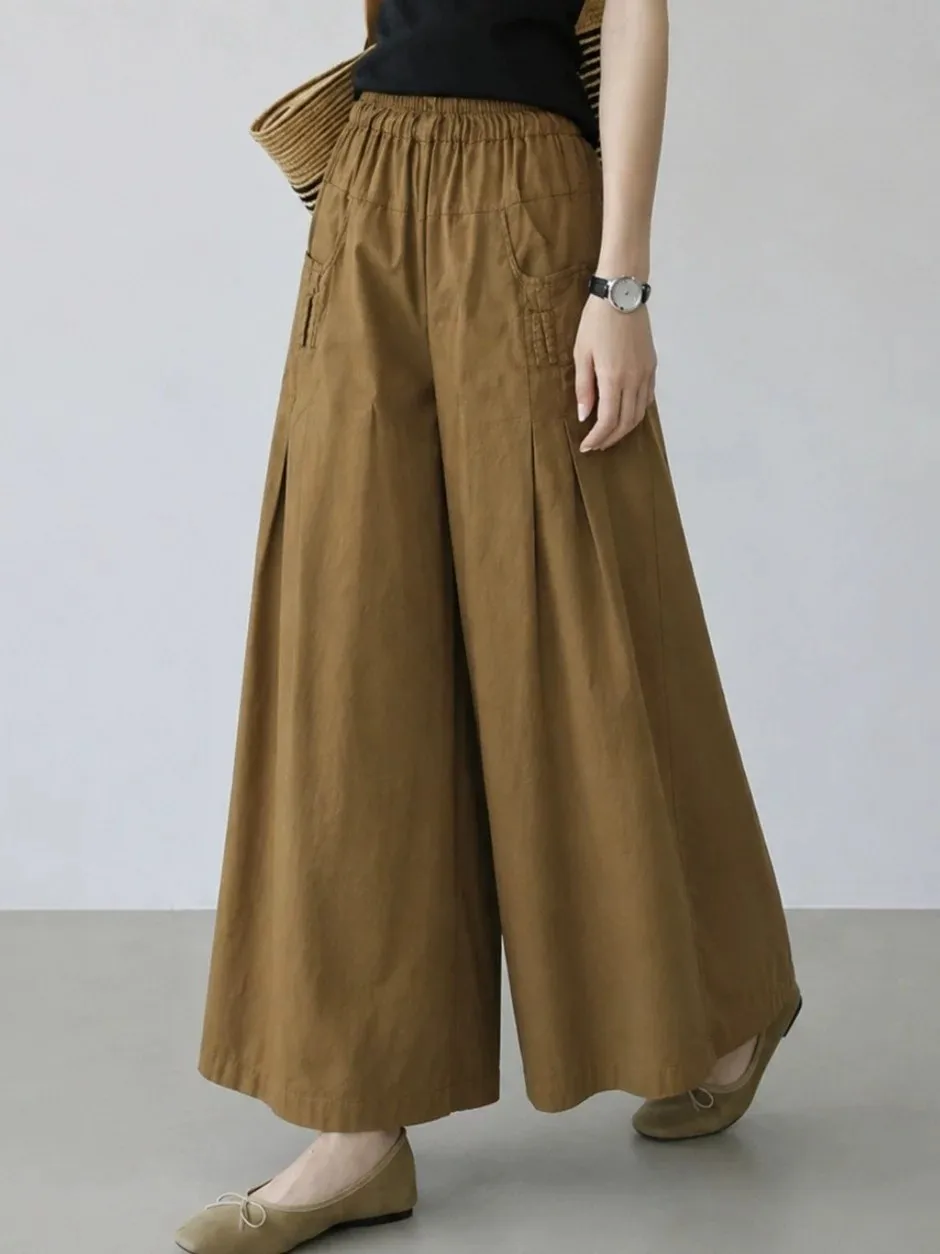 Kaki Color Wide Leg Pants Women's Spring Summer Thin High Waist Drapey Artistic Casual Skirt Pants Mountain Style
