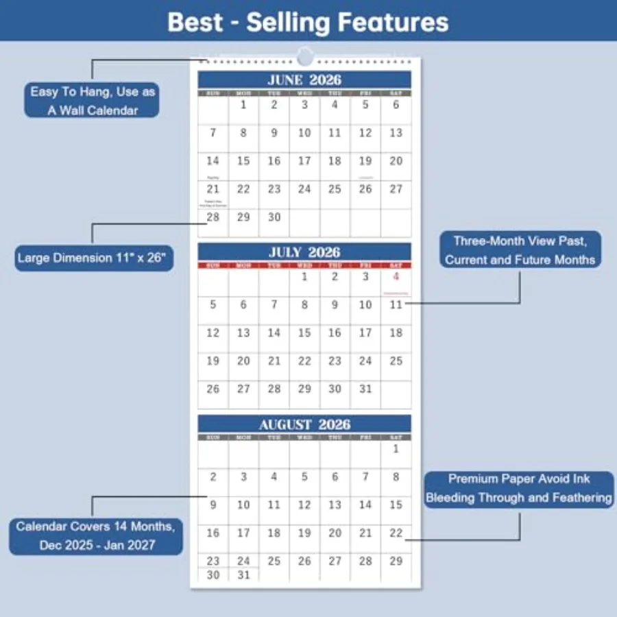 2026 تقويم الحائط 3 أشهر تقويم الحائط عمودي 2026 مطوية في شهر ديسمبر 2025 يناير 2027 11 "× 26" تقويم 2026 3 أشهر Displ #3