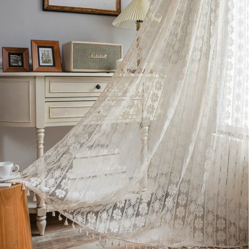 

Boho Crochet Curtains For Bedroom Cafe Curtains,Vintage Farmhouse Lace Sheer Tassel Curtains Short Kitchen Bathroom Curtains