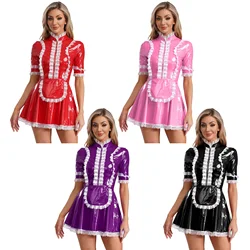 Women Sexy Shiny Leather Dress for Maid Servant Lingerie Nightwear Role Play Costume Lace Trim Dress with Apron Maid Uniform