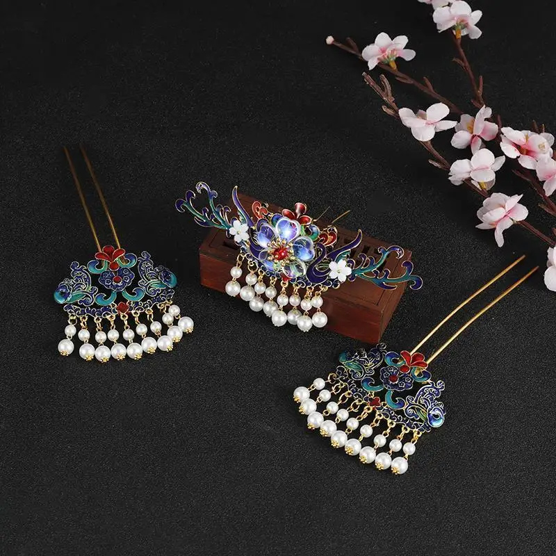 Hanfu headwear set Pearl fringe hair crown ancient style hair accessories step shake hairpin hairpin Ming accessories Present