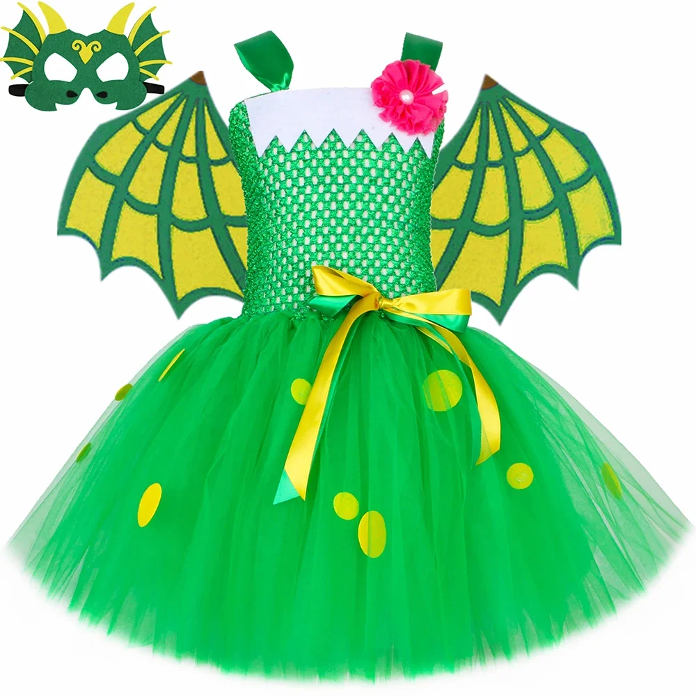 Green Dragon Dinosaur Costume Kids Fancy Tutu Dress with Wings Toddler Girls Halloween Carnival Party Animal Dress Up Clothes