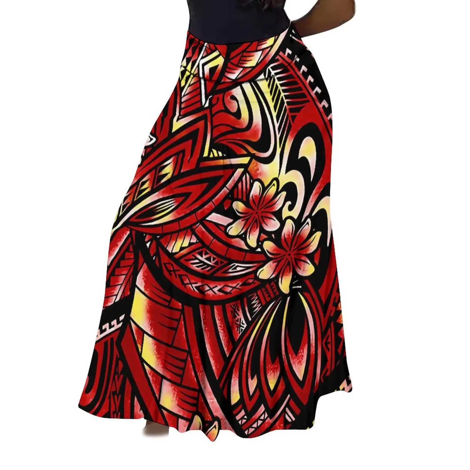 Samoan Ethnic Style Ladies Casual High-Waisted Skirt Matched With Full-Length Polynesian Island Design Vintage Print