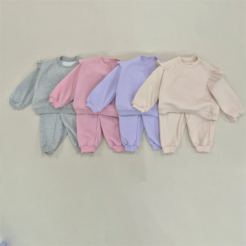 2025 novas meninas cor sólida conjunto com capuz outono em torno do pescoço manga longa pulôver & calças roupa de duas peças idades 2-6